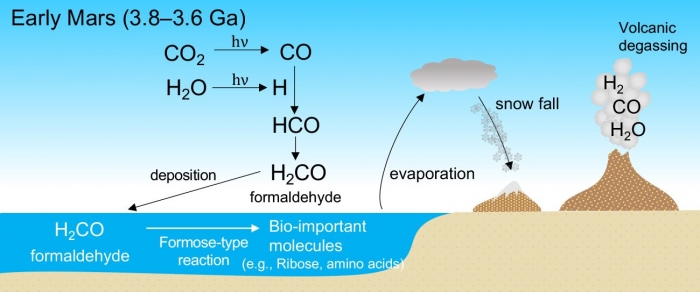 古代火星の暖かい大気中でのホルムアルデヒドの生成と、海洋の生命に不可欠な分子への変換を示す図。（画像: 東北大学の発表資料より (c) 小山俊吾）